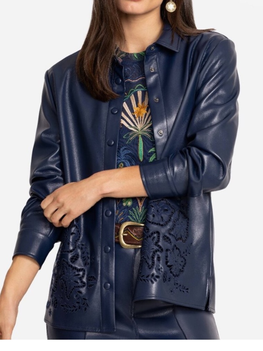 Johnny Was Jade Imani Navy Faux Leather  Laser Cut Shirt Jacket NEW Medium